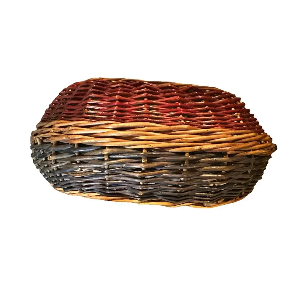 Vintage Woven Wicker Basket 3 Tone Blue, Brown Mahogany, Tan Wood 13.5
